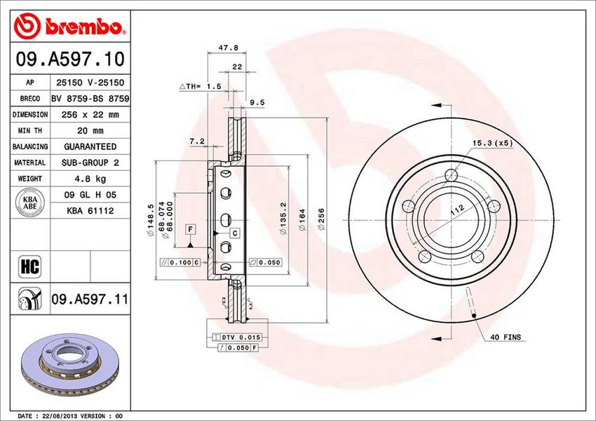 Audi Brembo Disc Brake Rotor - Rear (256mm) 8D0615601D